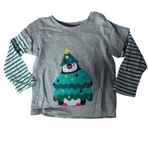 Baby Boden Gray Tee Christmas Tree Penguin sz 12-18 months